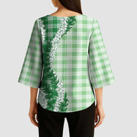 Green Hawaii Palaka Kimono Sleeve Blouse Hawaiian Honohono Lei