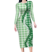 Green Hawaii Palaka Long Sleeve Bodycon Dress Hawaiian Honohono Lei