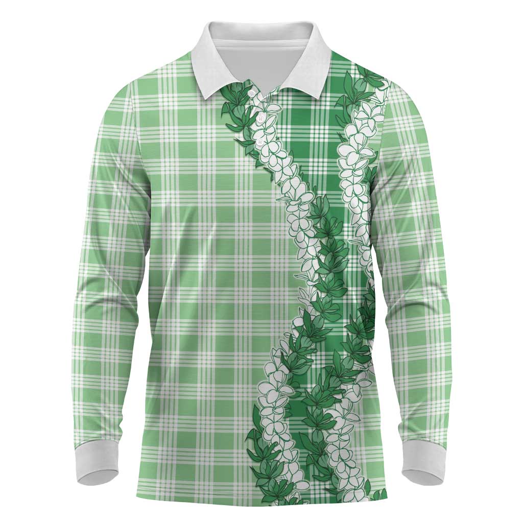 Green Hawaii Palaka Long Sleeve Polo Shirt Hawaiian Honohono Lei