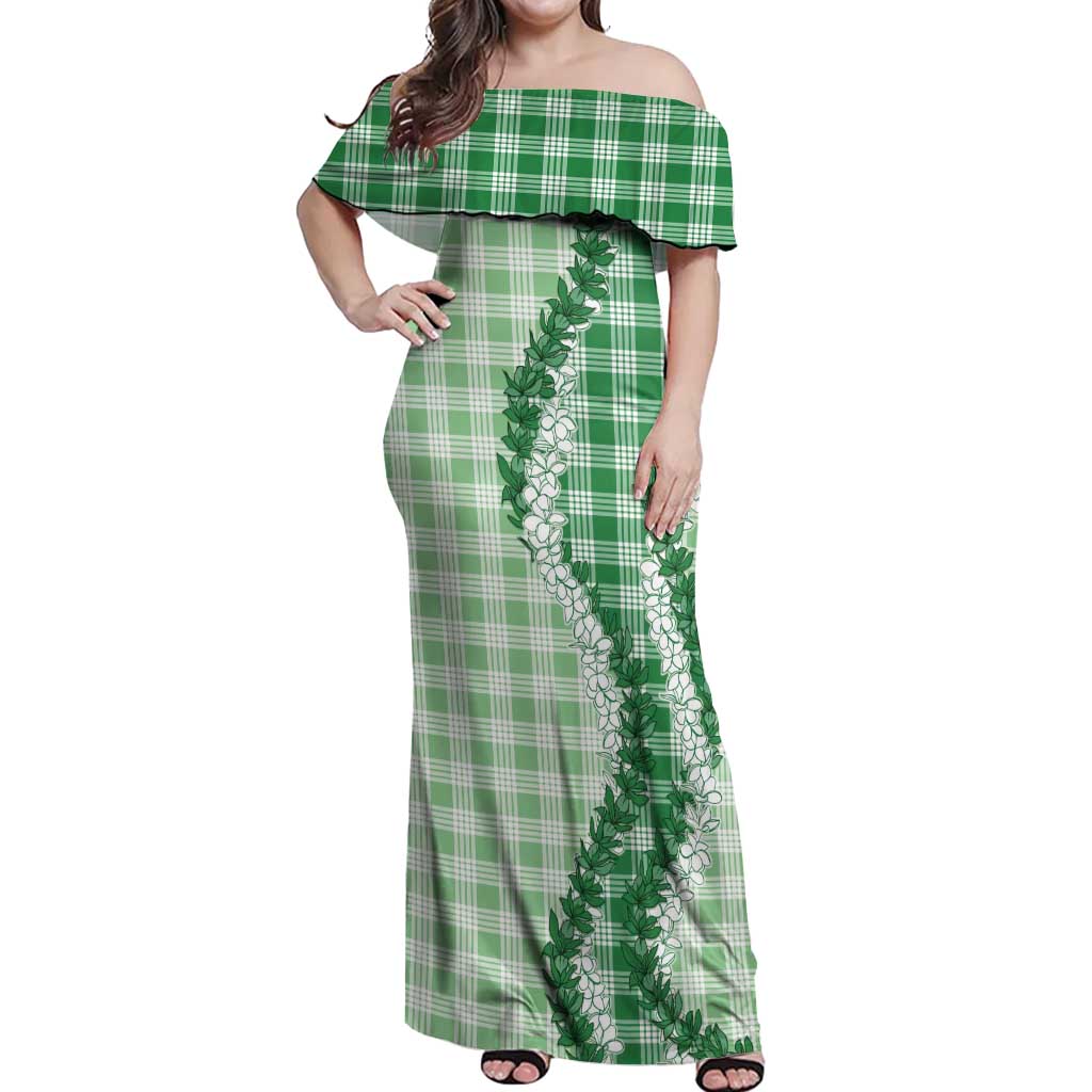 Green Hawaii Palaka Off Shoulder Maxi Dress Hawaiian Honohono Lei