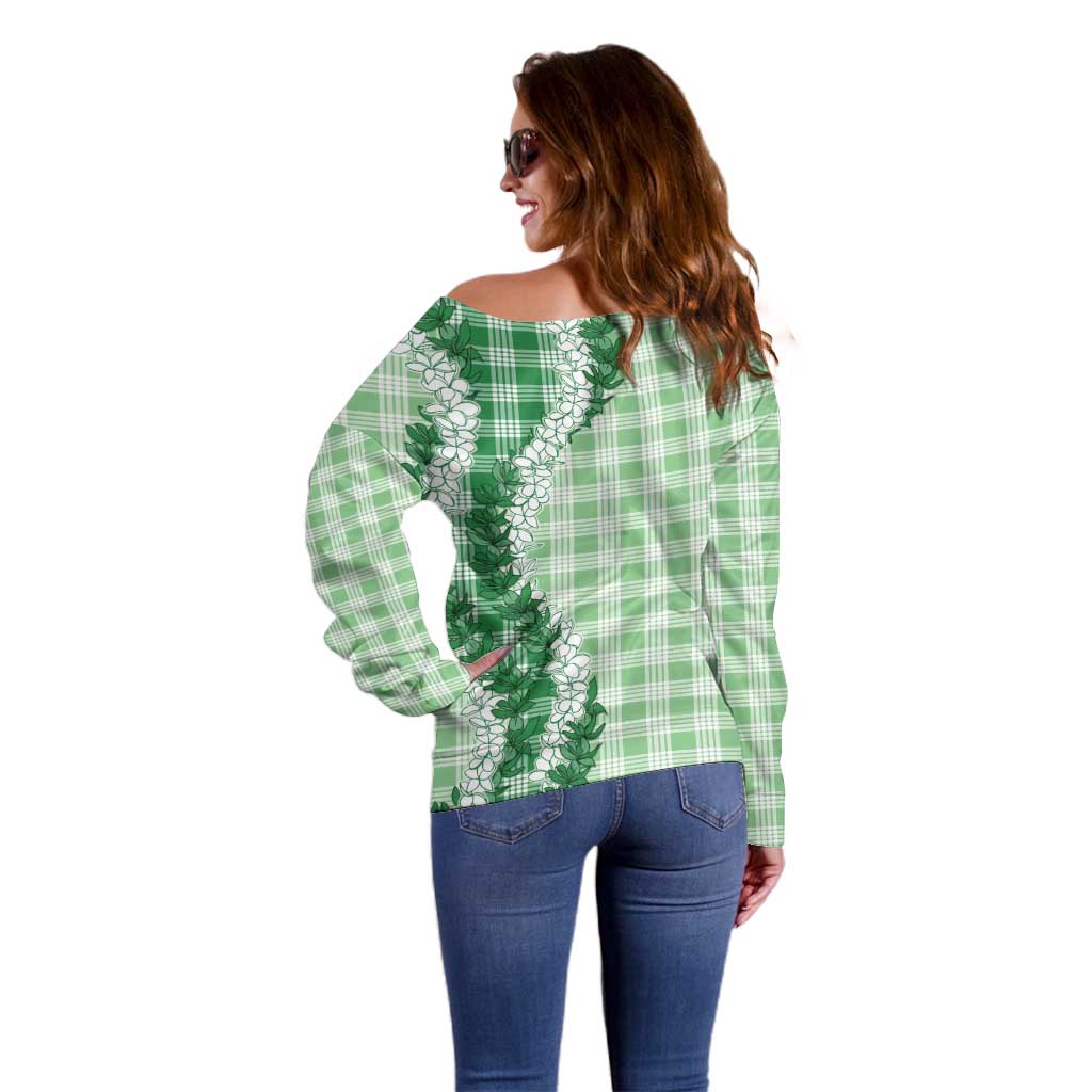 Green Hawaii Palaka Off Shoulder Sweater Hawaiian Honohono Lei
