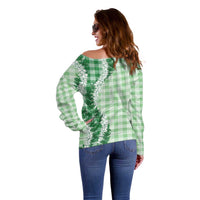 Green Hawaii Palaka Off Shoulder Sweater Hawaiian Honohono Lei