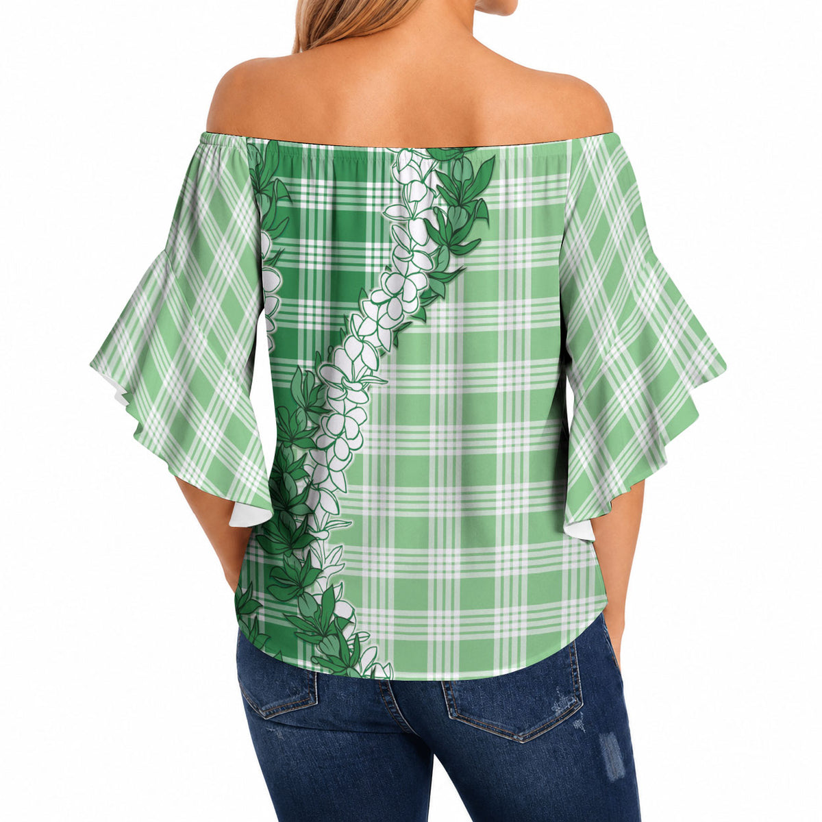 Green Hawaii Palaka Off Shoulder Wrap Waist Top Hawaiian Honohono Lei LT05 - Polynesian Pride