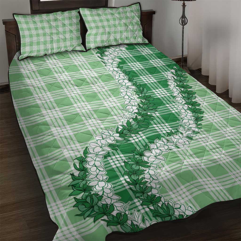 Green Hawaii Palaka Quilt Bed Set Hawaiian Honohono Lei