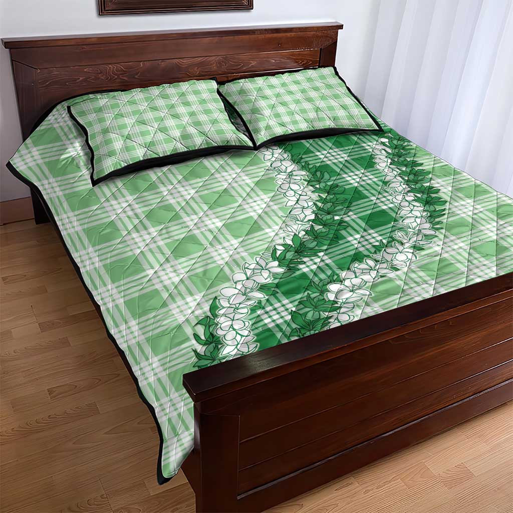 Green Hawaii Palaka Quilt Bed Set Hawaiian Honohono Lei