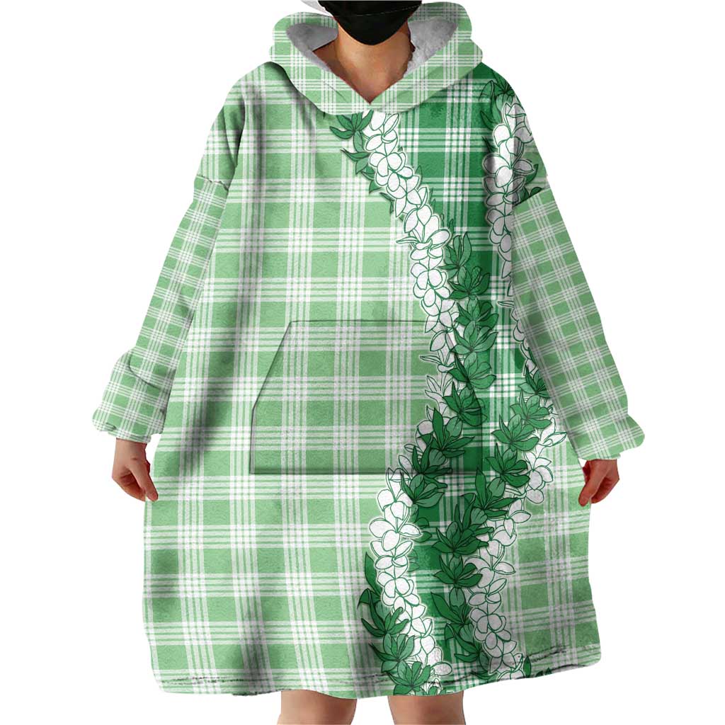 Green Hawaii Palaka Wearable Blanket Hoodie Hawaiian Honohono Lei