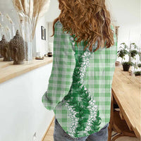 Green Hawaii Palaka Women Casual Shirt Hawaiian Honohono Lei
