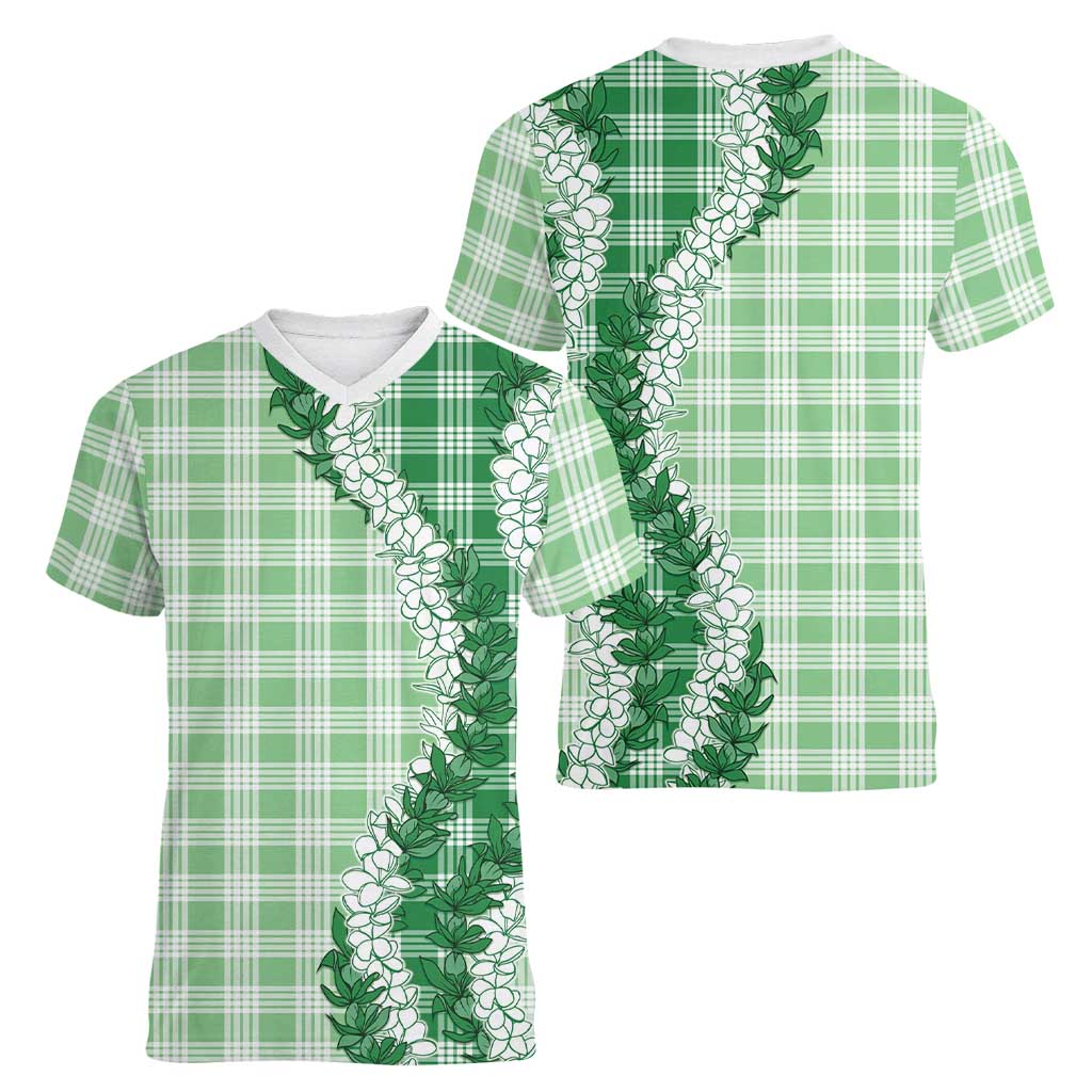 Green Hawaii Palaka Women V-Neck T-Shirt Hawaiian Honohono Lei