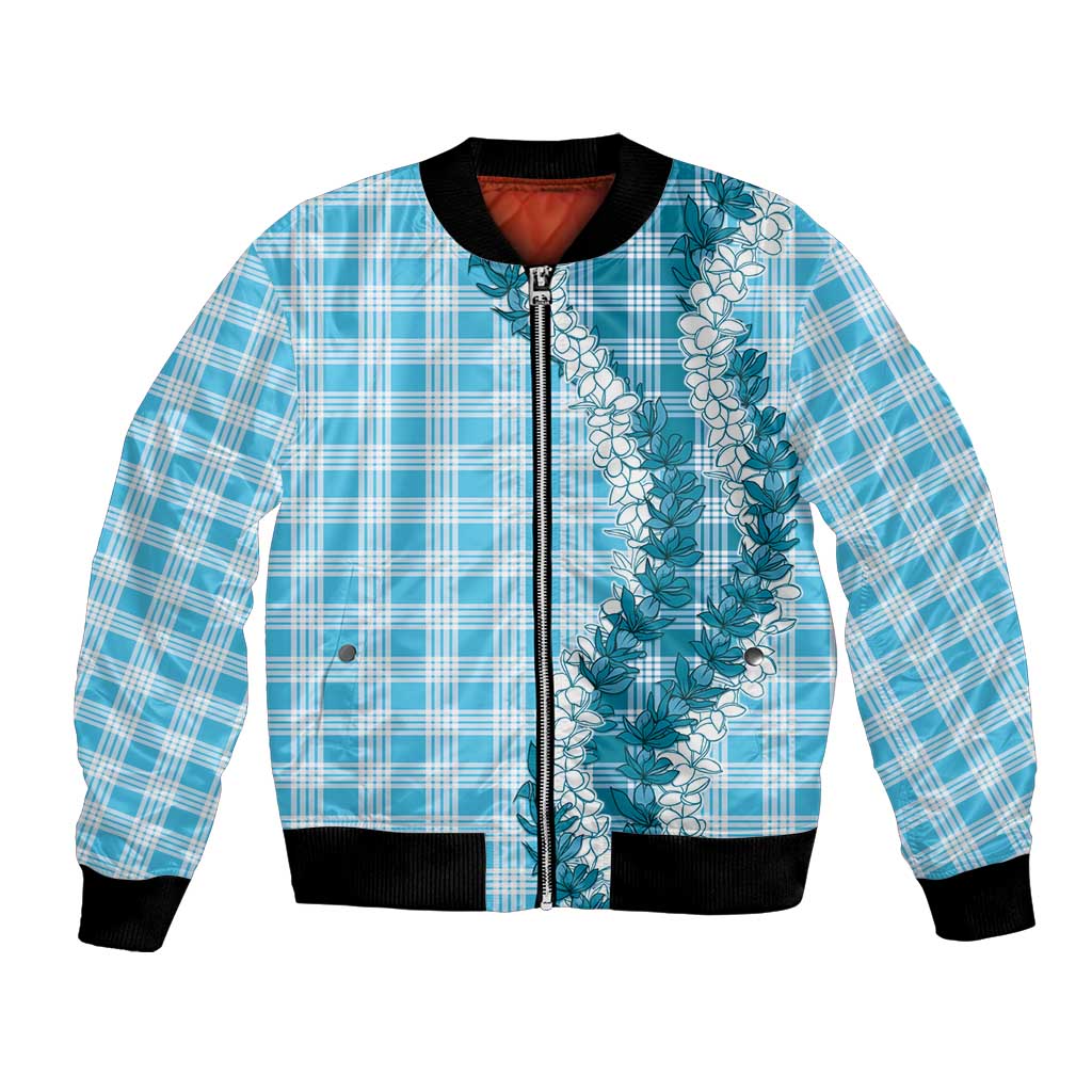 Blue Hawaii Palaka Bomber Jacket Hawaiian Honohono Lei