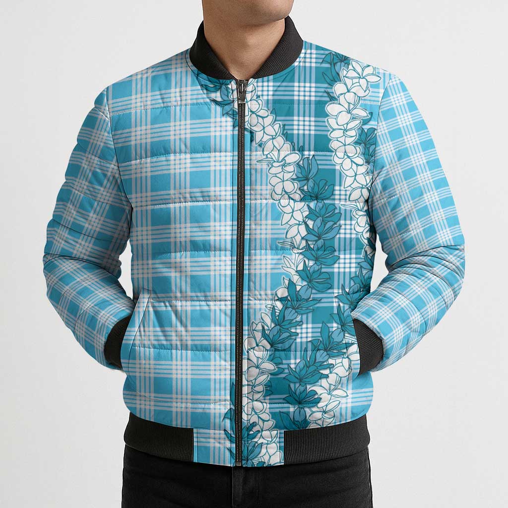 Blue Hawaii Palaka Bomber Puffer Jacket Hawaiian Honohono Lei