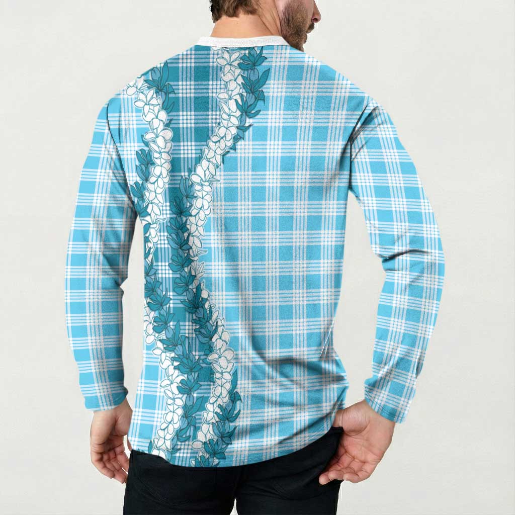 Blue Hawaii Palaka Button Sweatshirt Hawaiian Honohono Lei