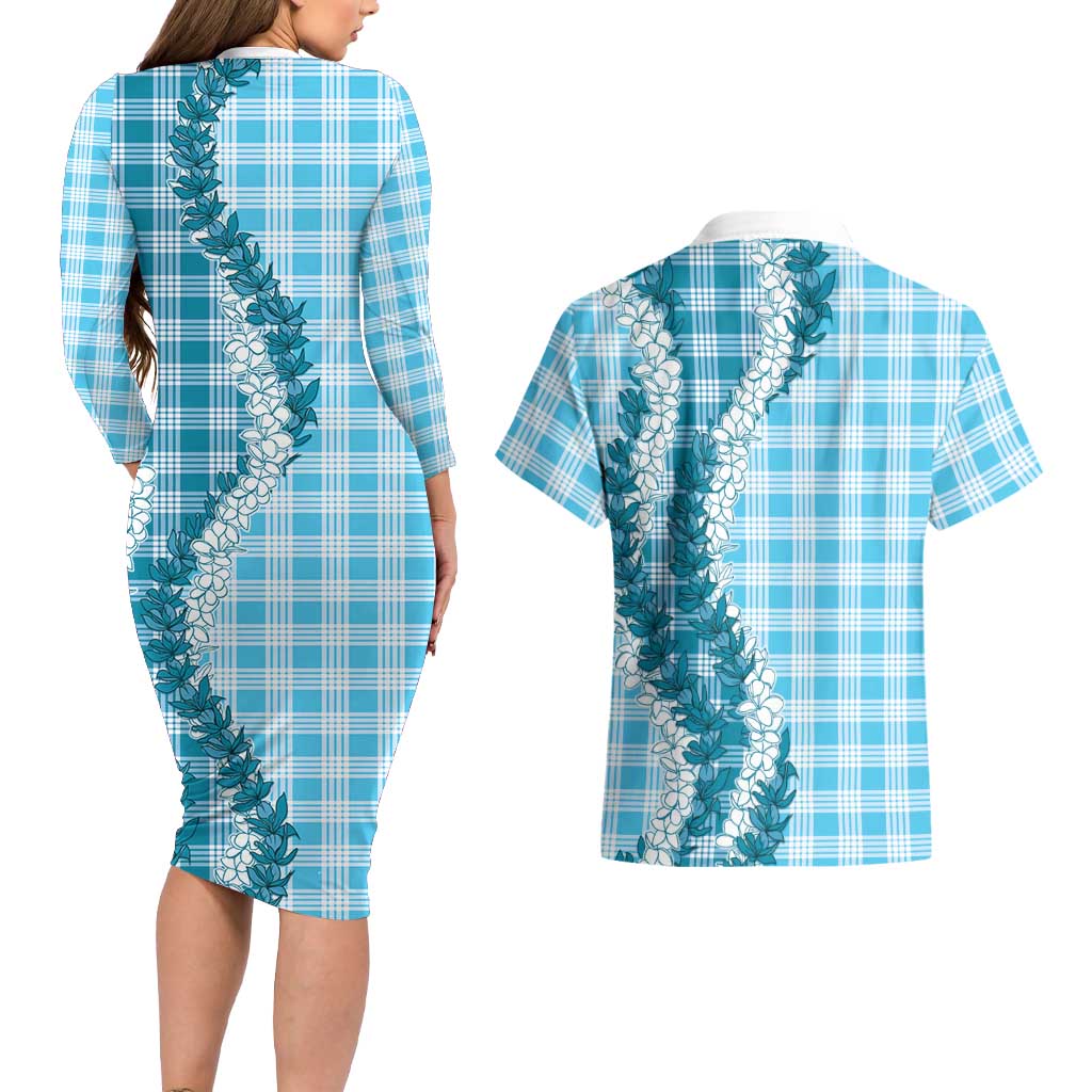 Blue Hawaii Palaka Couples Matching Long Sleeve Bodycon Dress and Hawaiian Shirt Hawaiian Honohono Lei LT05 - Polynesian Pride