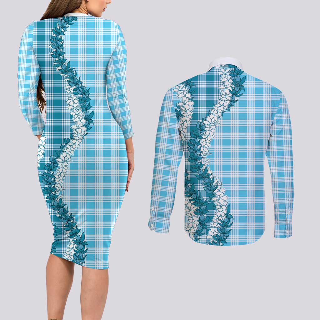 Blue Hawaii Palaka Couples Matching Long Sleeve Bodycon Dress and Long Sleeve Button Shirt Hawaiian Honohono Lei LT05 - Polynesian Pride