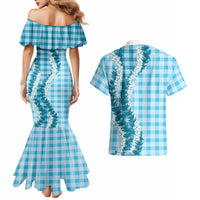 Blue Hawaii Palaka Couples Matching Mermaid Dress and Hawaiian Shirt Hawaiian Honohono Lei LT05 - Polynesian Pride