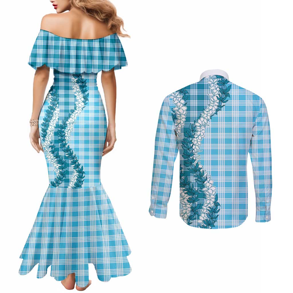 Blue Hawaii Palaka Couples Matching Mermaid Dress and Long Sleeve Button Shirt Hawaiian Honohono Lei