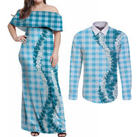 Blue Hawaii Palaka Couples Matching Off Shoulder Maxi Dress and Long Sleeve Button Shirt Hawaiian Honohono Lei