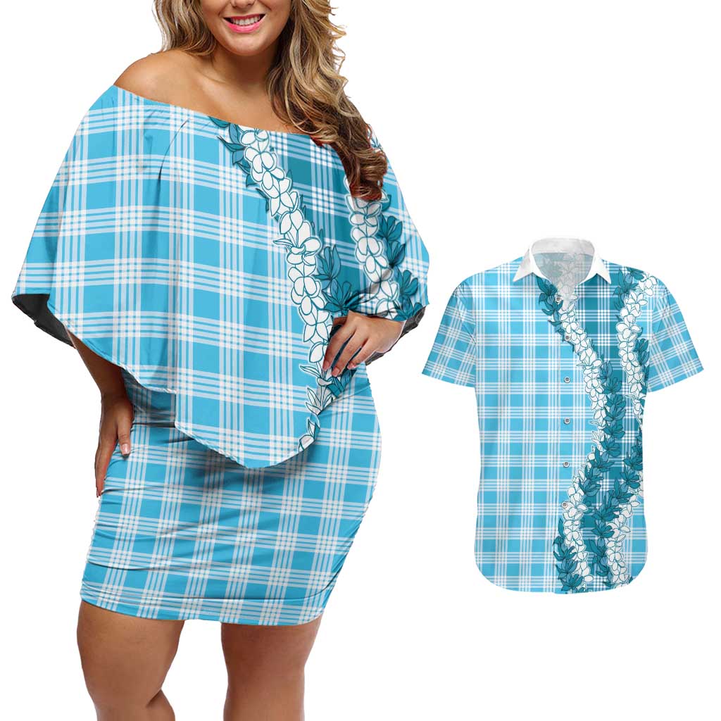 Blue Hawaii Palaka Couples Matching Off Shoulder Short Dress and Hawaiian Shirt Hawaiian Honohono Lei