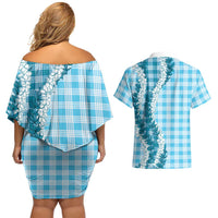 Blue Hawaii Palaka Couples Matching Off Shoulder Short Dress and Hawaiian Shirt Hawaiian Honohono Lei LT05 - Polynesian Pride