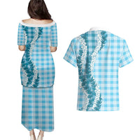 Blue Hawaii Palaka Couples Matching Puletasi and Hawaiian Shirt Hawaiian Honohono Lei