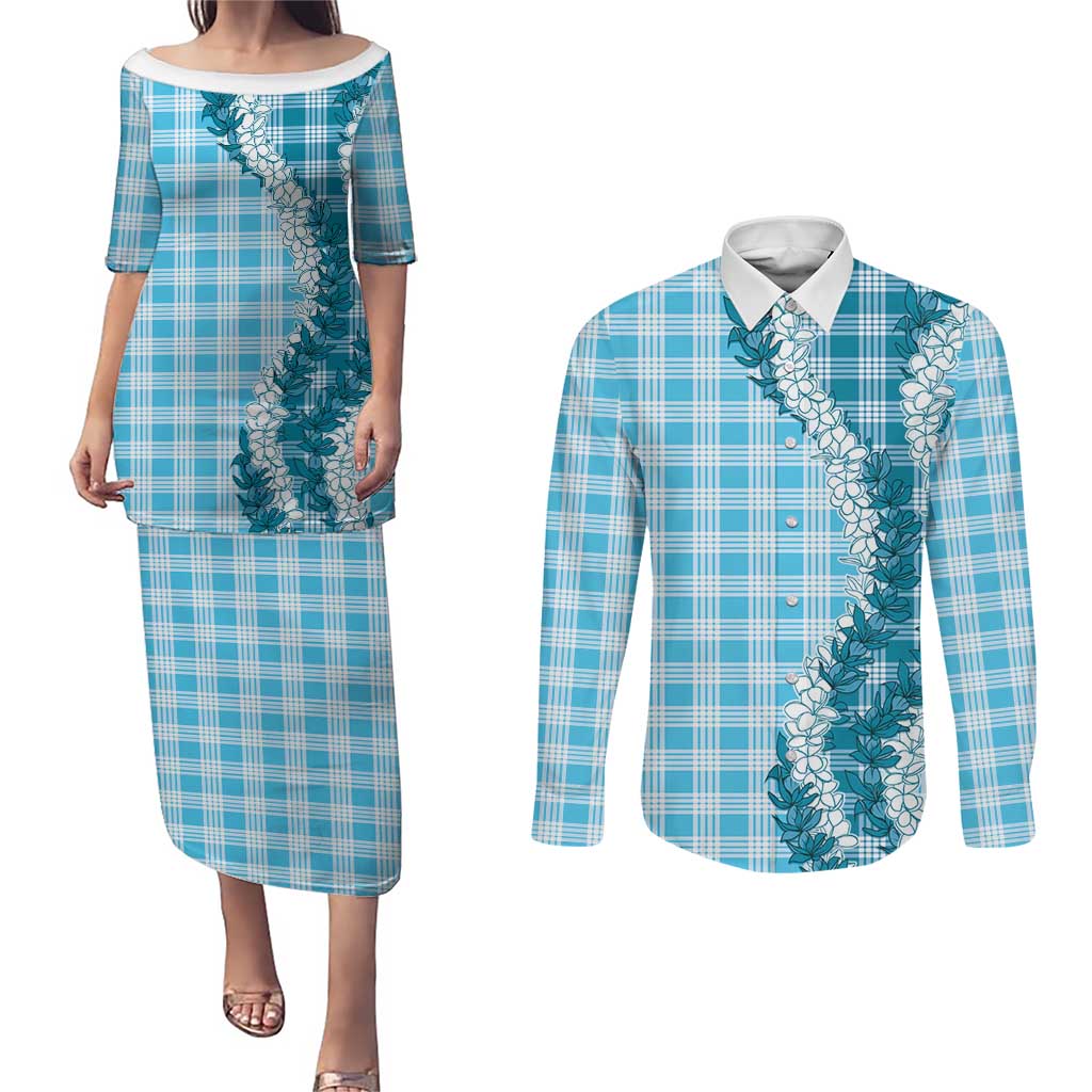 Blue Hawaii Palaka Couples Matching Puletasi and Long Sleeve Button Shirt Hawaiian Honohono Lei
