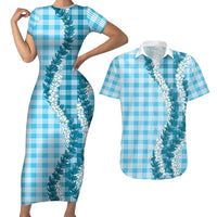 Blue Hawaii Palaka Couples Matching Short Sleeve Bodycon Dress and Hawaiian Shirt Hawaiian Honohono Lei LT05 Blue - Polynesian Pride