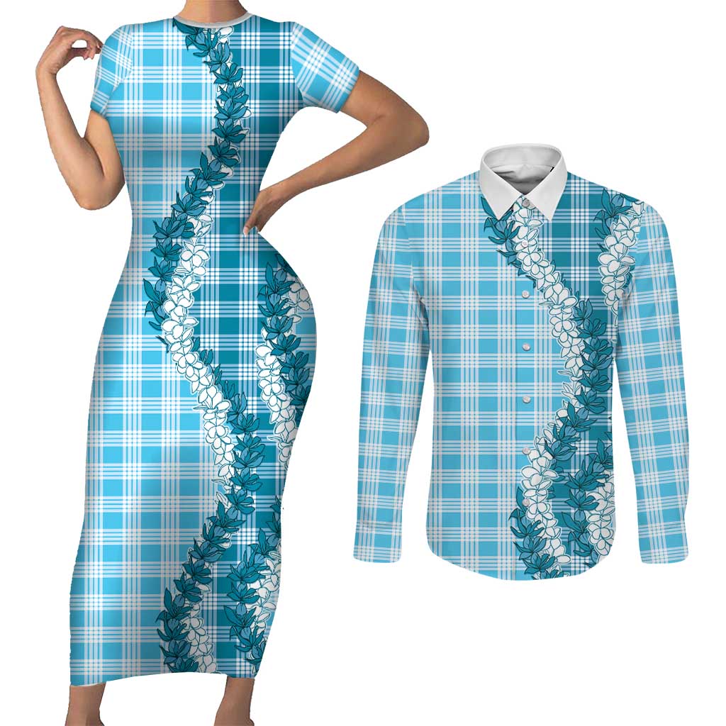 Blue Hawaii Palaka Couples Matching Short Sleeve Bodycon Dress and Long Sleeve Button Shirt Hawaiian Honohono Lei LT05 Blue - Polynesian Pride