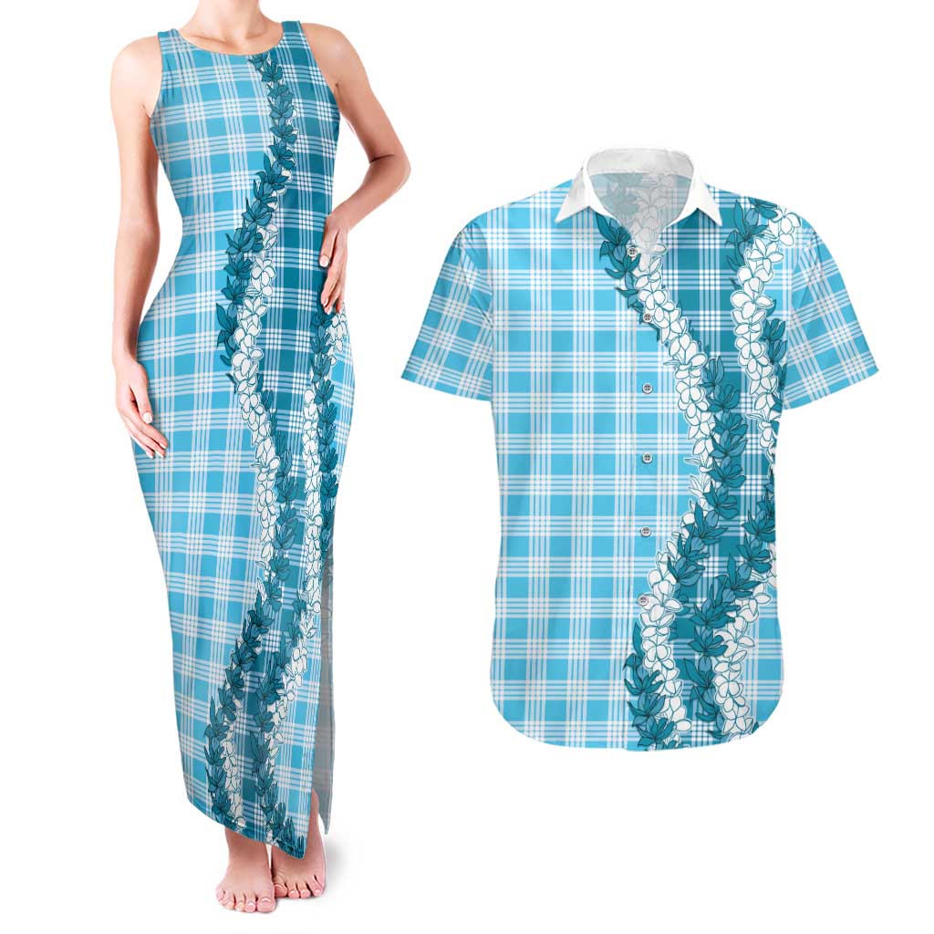 Blue Hawaii Palaka Couples Matching Tank Maxi Dress and Hawaiian Shirt Hawaiian Honohono Lei LT05 Blue - Polynesian Pride