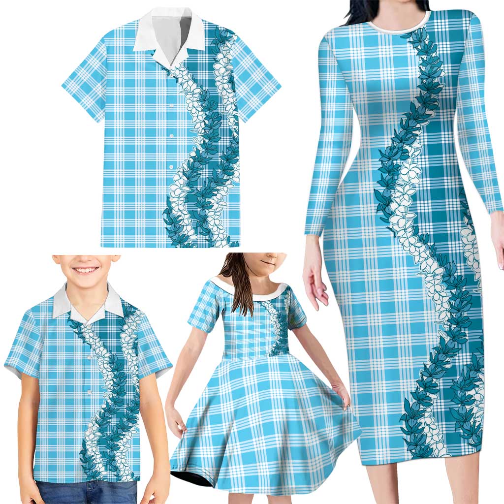 Blue Hawaii Palaka Family Matching Long Sleeve Bodycon Dress and Hawaiian Shirt Hawaiian Honohono Lei