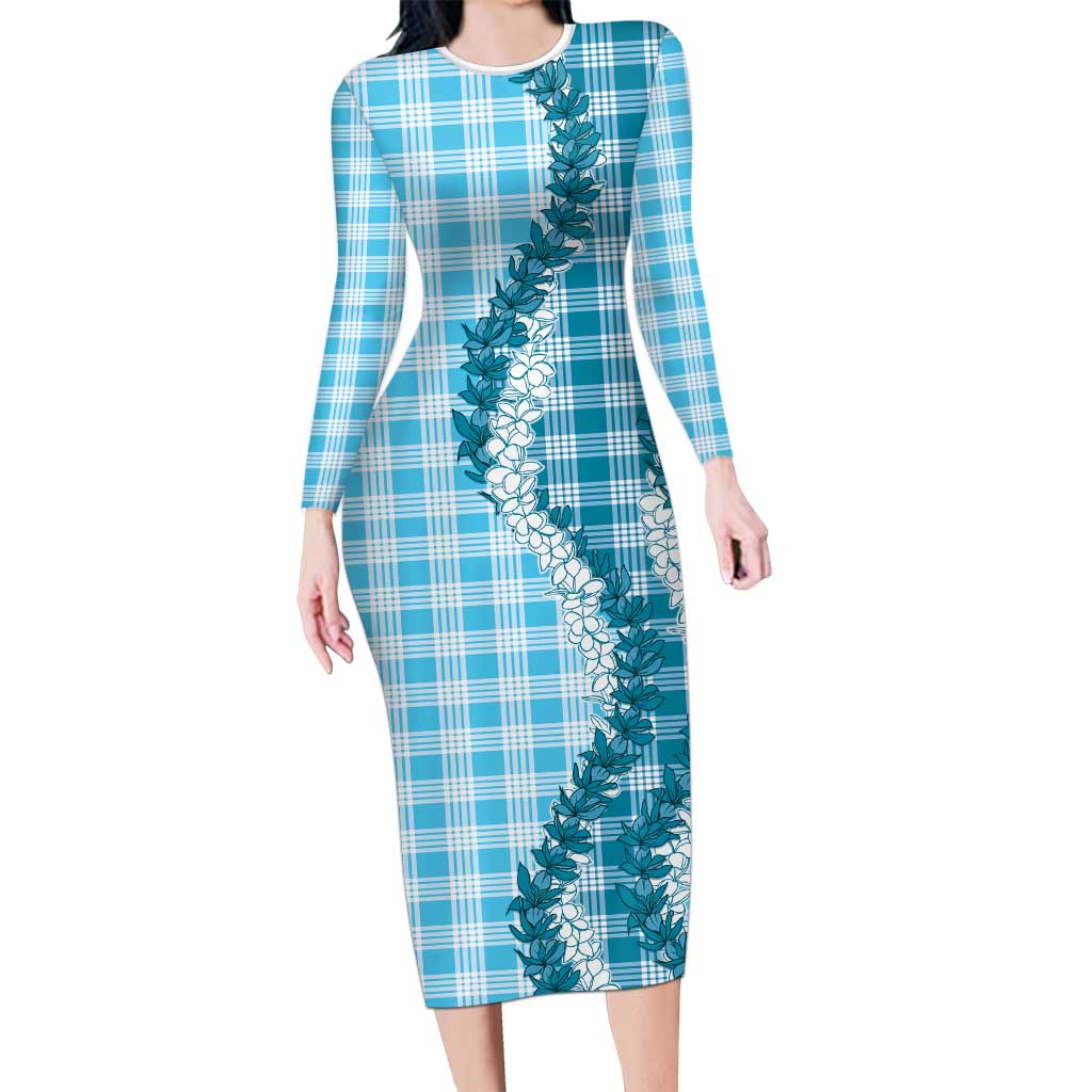 Blue Hawaii Palaka Family Matching Long Sleeve Bodycon Dress and Hawaiian Shirt Hawaiian Honohono Lei LT05 Mom's Dress Blue - Polynesian Pride