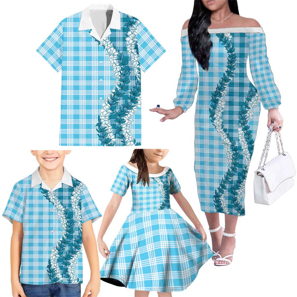 Blue Hawaii Palaka Family Matching Off The Shoulder Long Sleeve Dress and Hawaiian Shirt Hawaiian Honohono Lei