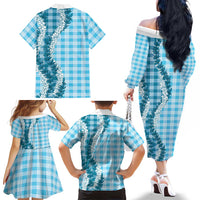 Blue Hawaii Palaka Family Matching Off The Shoulder Long Sleeve Dress and Hawaiian Shirt Hawaiian Honohono Lei LT05 - Polynesian Pride