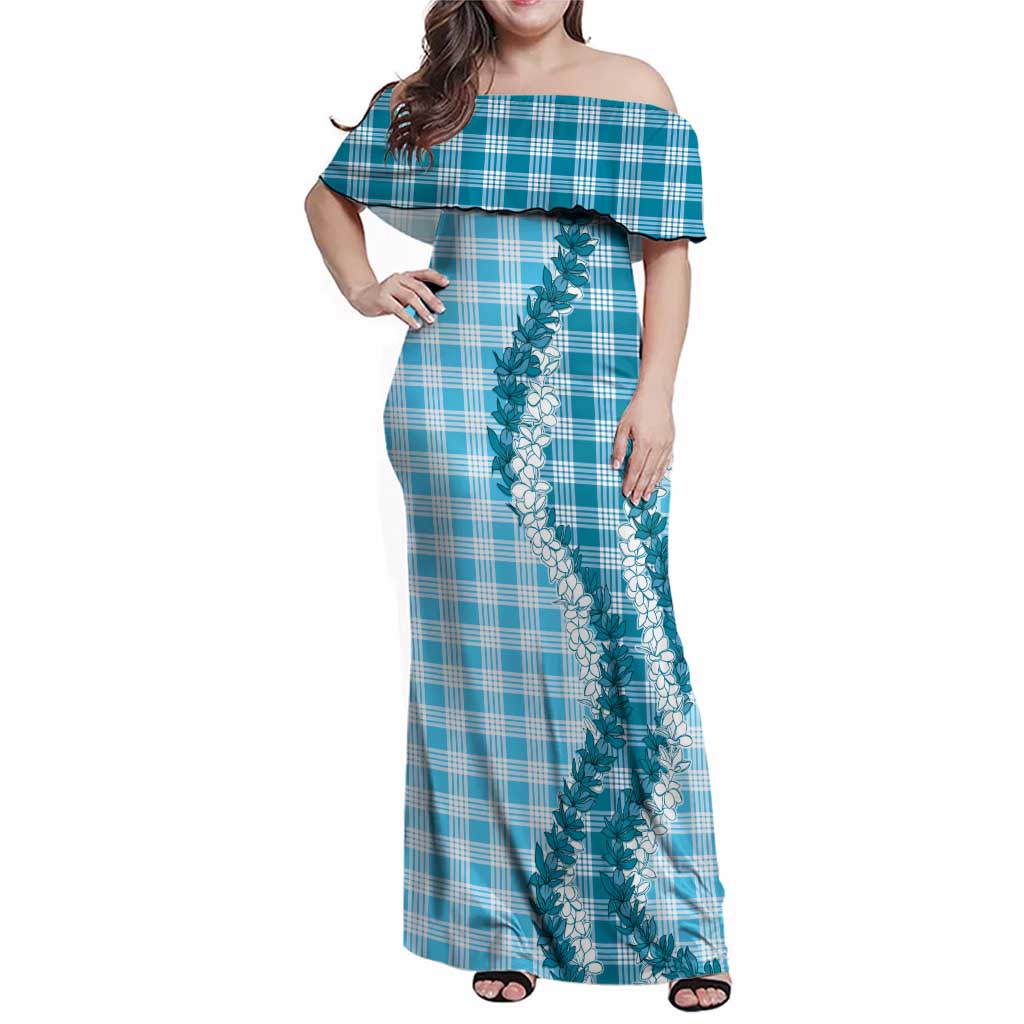Blue Hawaii Palaka Family Matching Off Shoulder Maxi Dress and Hawaiian Shirt Hawaiian Honohono Lei LT05 Mom's Dress Blue - Polynesian Pride