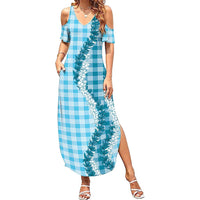 Blue Hawaii Palaka Family Matching Summer Maxi Dress and Hawaiian Shirt Hawaiian Honohono Lei LT05 Mom's Dress Blue - Polynesian Pride