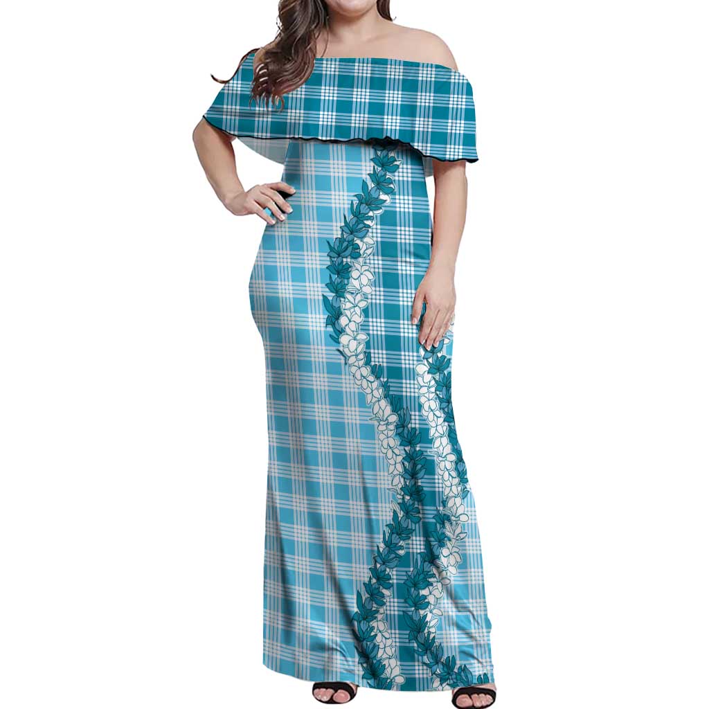 Blue Hawaii Palaka Off Shoulder Maxi Dress Hawaiian Honohono Lei