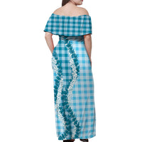 Blue Hawaii Palaka Off Shoulder Maxi Dress Hawaiian Honohono Lei