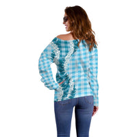 Blue Hawaii Palaka Off Shoulder Sweater Hawaiian Honohono Lei
