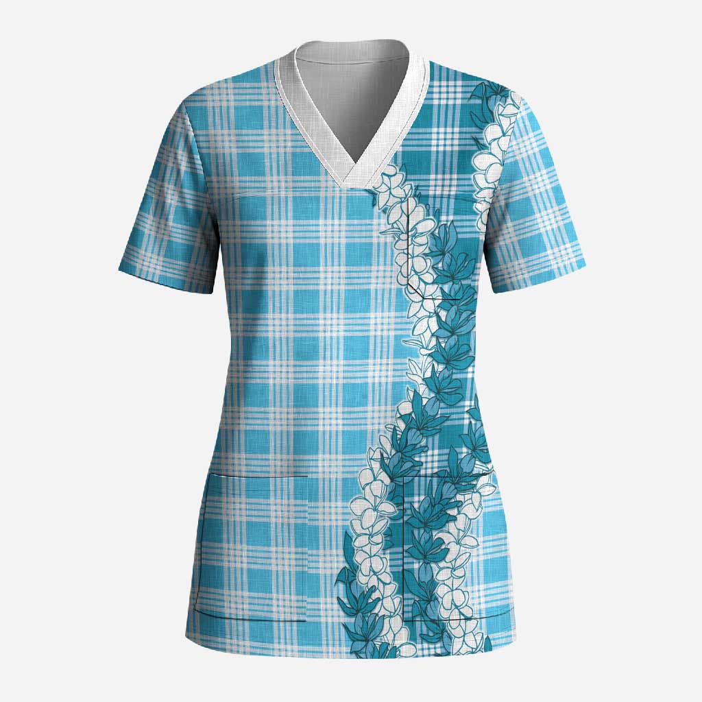 Blue Hawaii Palaka Scrub Top Hawaiian Honohono Lei
