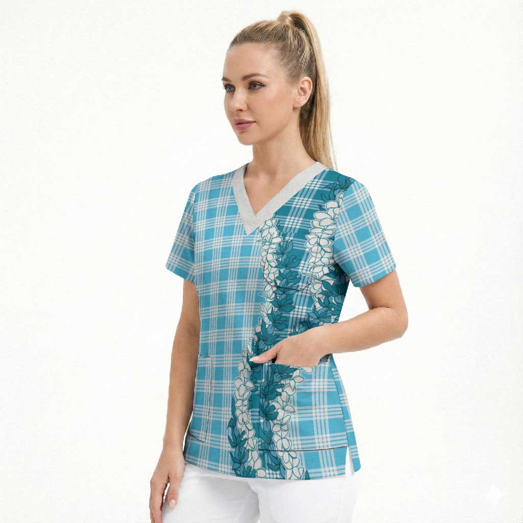 Blue Hawaii Palaka Scrub Top Hawaiian Honohono Lei