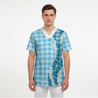 Blue Hawaii Palaka Scrub Top Hawaiian Honohono Lei