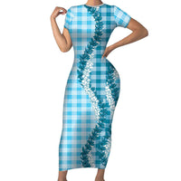 Blue Hawaii Palaka Short Sleeve Bodycon Dress Hawaiian Honohono Lei
