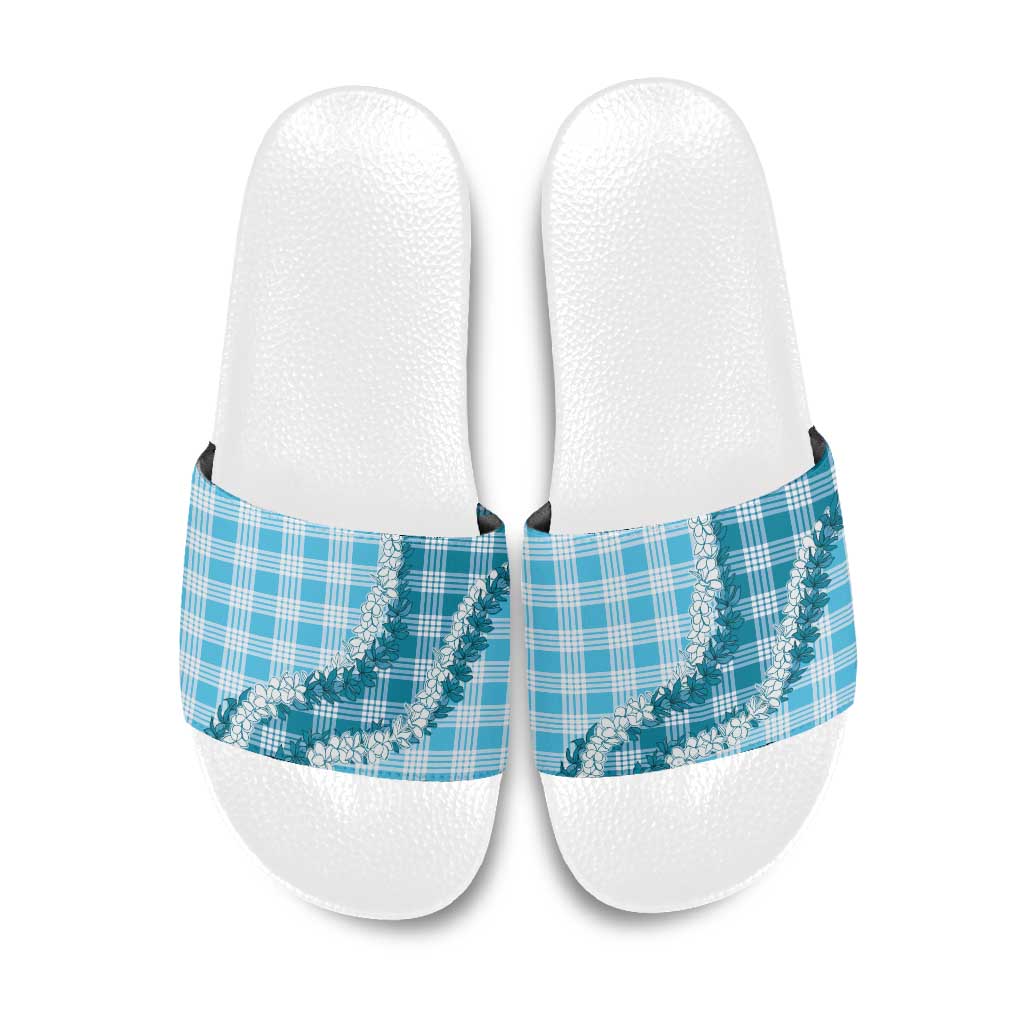 Blue Hawaii Palaka Slide Sandals Hawaiian Honohono Lei