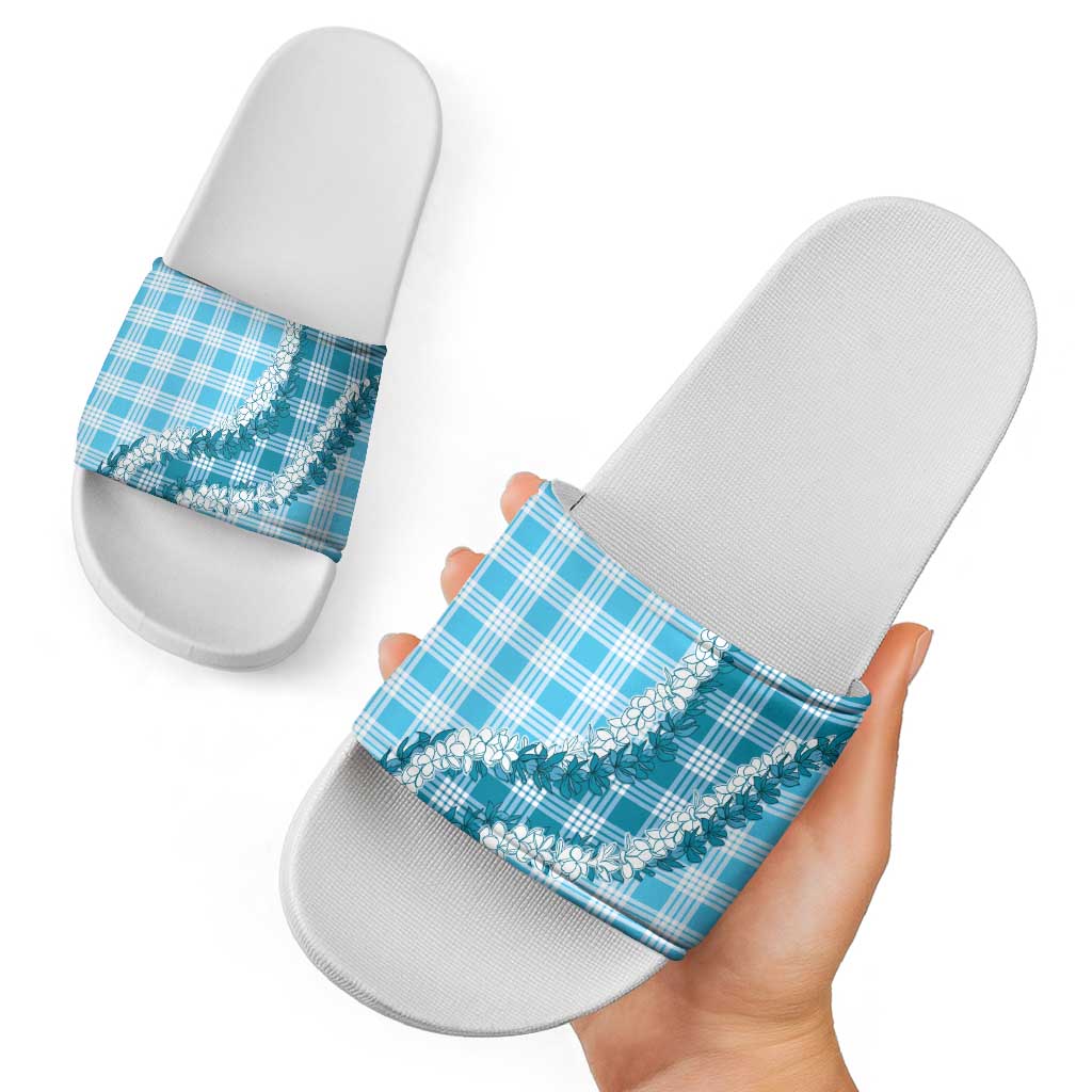 Blue Hawaii Palaka Slide Sandals Hawaiian Honohono Lei