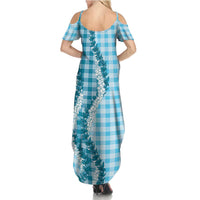Blue Hawaii Palaka Summer Maxi Dress Hawaiian Honohono Lei