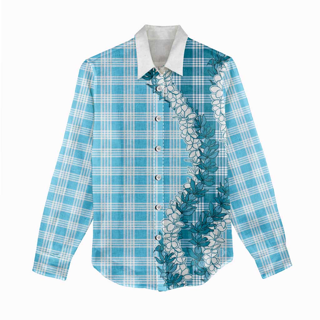 Blue Hawaii Palaka Women Casual Shirt Hawaiian Honohono Lei