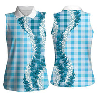 Blue Hawaii Palaka Women Sleeveless Polo Shirt Hawaiian Honohono Lei