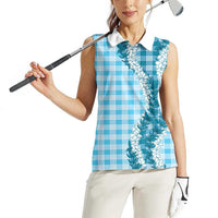 Blue Hawaii Palaka Women Sleeveless Polo Shirt Hawaiian Honohono Lei