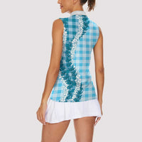 Blue Hawaii Palaka Women Sleeveless Polo Shirt Hawaiian Honohono Lei