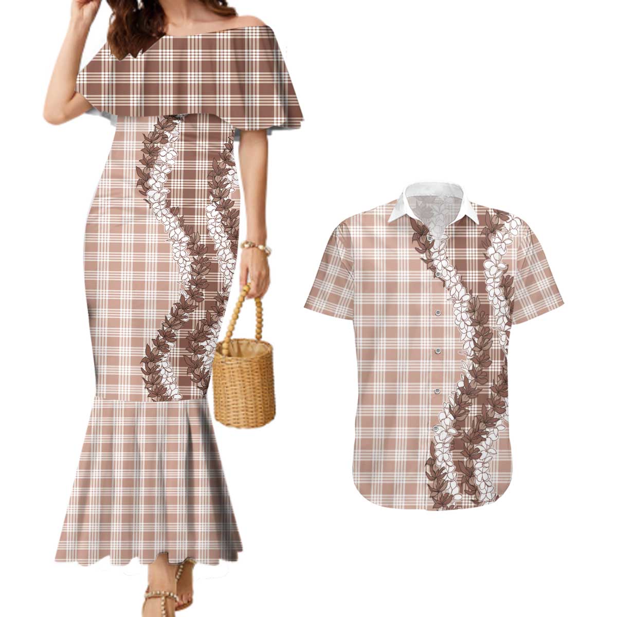 Beige Hawaii Palaka Couples Matching Mermaid Dress and Hawaiian Shirt Hawaiian Honohono Lei LT05 Beige - Polynesian Pride