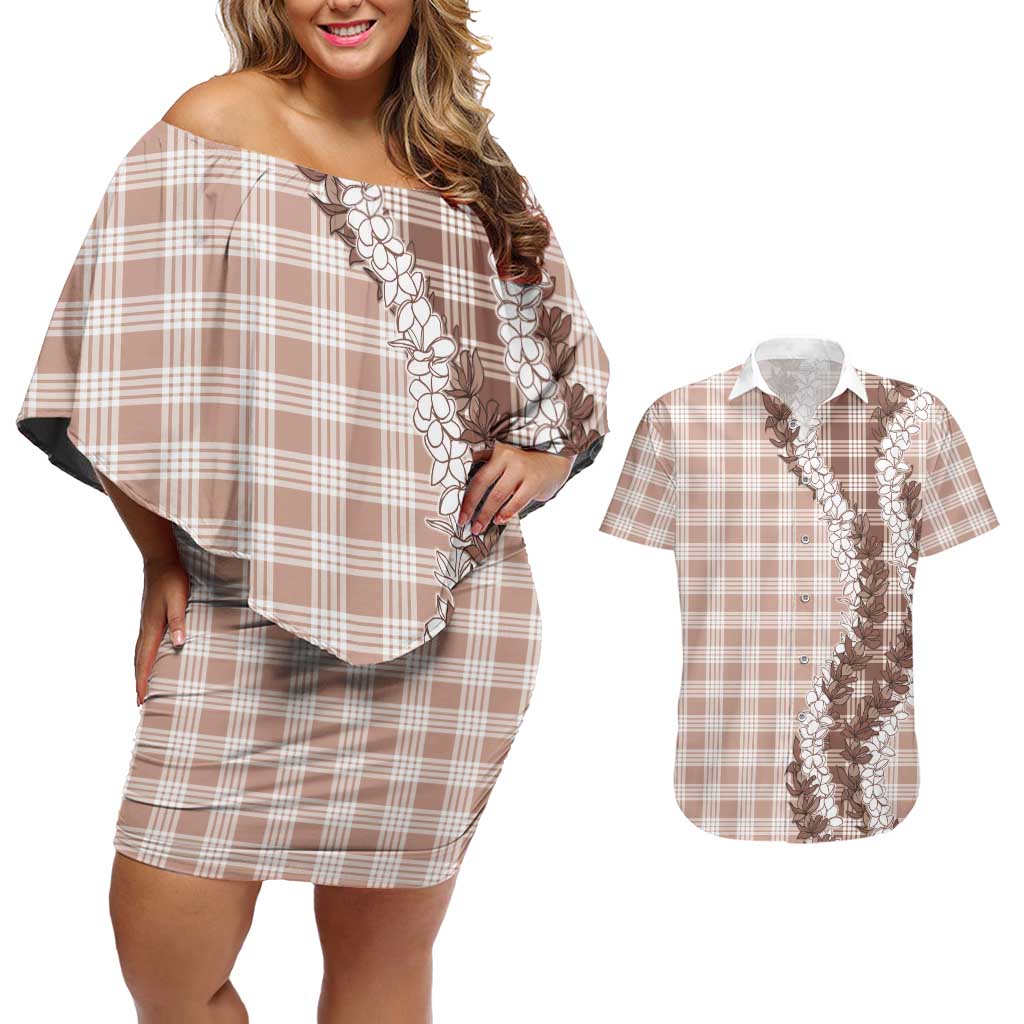Beige Hawaii Palaka Couples Matching Off Shoulder Short Dress and Hawaiian Shirt Hawaiian Honohono Lei