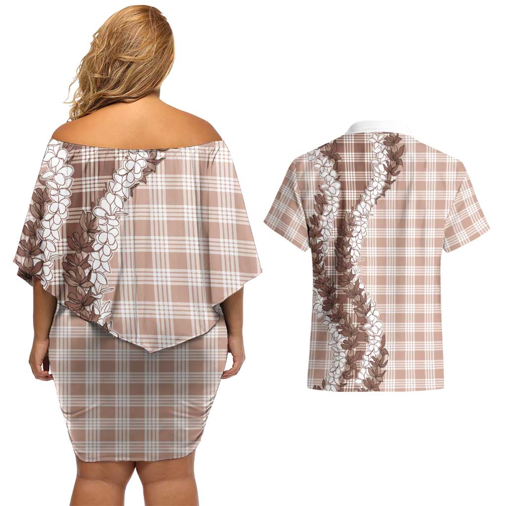 Beige Hawaii Palaka Couples Matching Off Shoulder Short Dress and Hawaiian Shirt Hawaiian Honohono Lei LT05 - Polynesian Pride